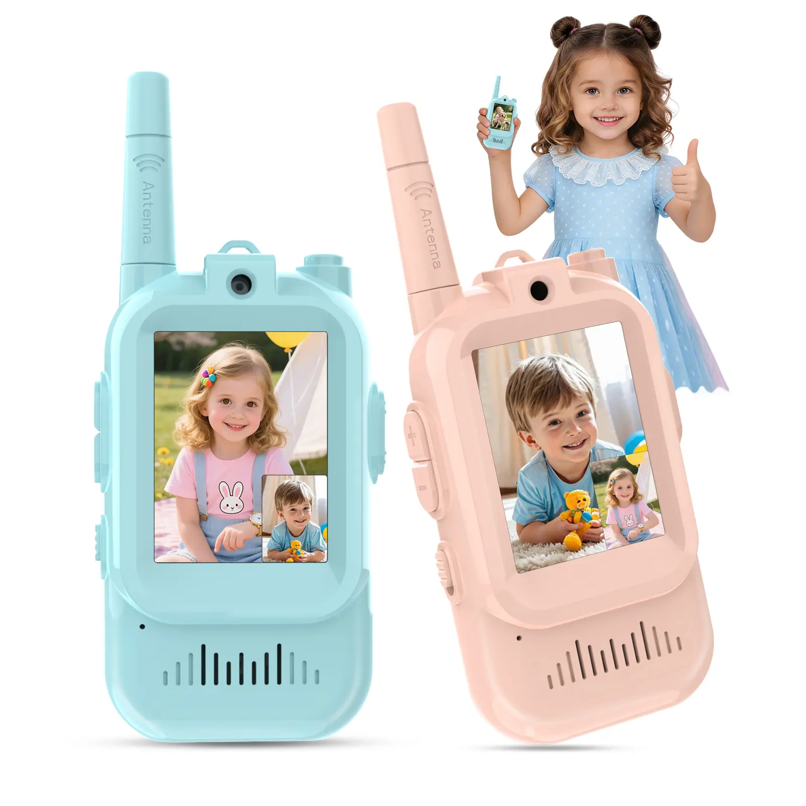 Video Walkie Talkies for Kids - 2 Pack Rechargeable Handheld Intercoms, Ideal for Family Games, Outdoor Adventures, Camping & Hiking for Boys and Girls Ages 3-12 (Blue/Pink)