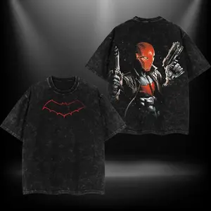 Red Hood Bat Family T-shirt Double Printed Oversize Lightweight Acid Washed Tee TV Show Graphic Top Cotton Gift T-Shirt For Comic Lover, Gift T-Shirt For Movie Lover