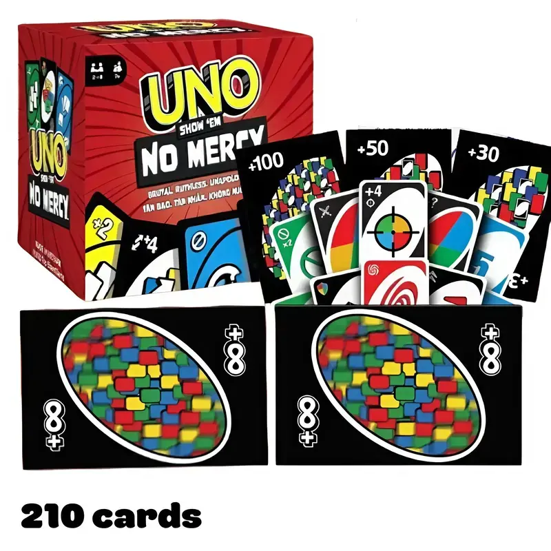 Mattel UNO No Mercy Plus Option 210 Cards – 2026 Viral Strategy Game. Lightweight Travel Pack with Harsher Penalties. Funny Multiplayer Card Game for Family & Friends