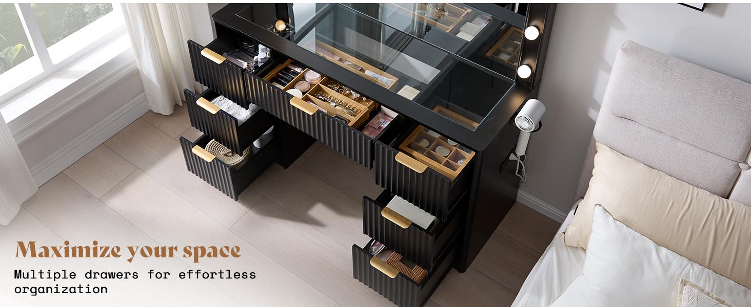 VanAcc 36.2/47.2" Fluted Vanity Desk with Mirror and Adjustable LED Lights, Large 4/7 Drawers Makeup Table with Glass Top and Charging Station for Women and Girls, Bedroom or Dorm