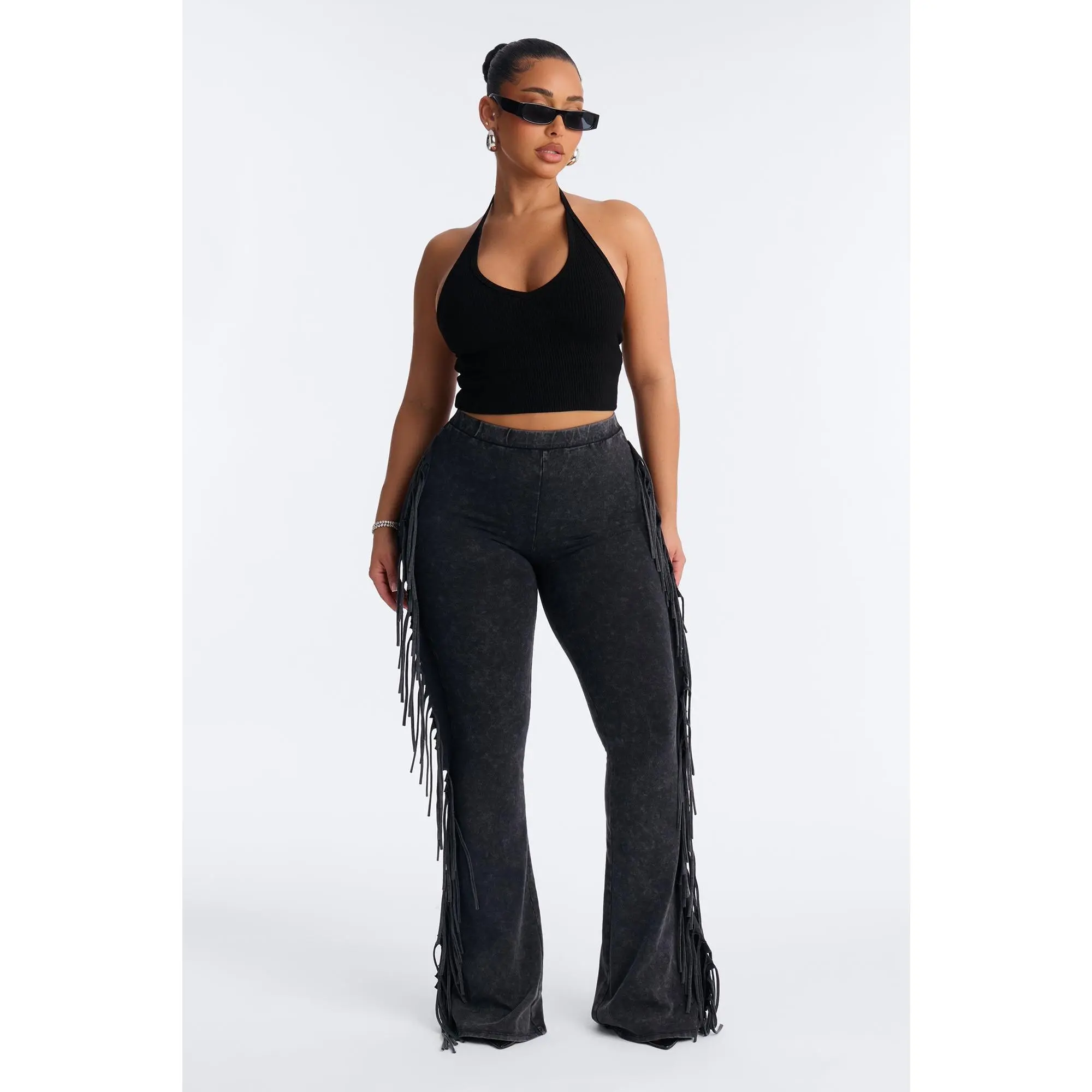 Josie Fringe Washed Mid Rise Flare Pant 33″ - Black Wash