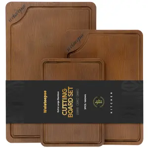 3-Piece Extra Large and Thicken Bamboo Cutting Board Set Extra Large and Thicken Chopping Boards, with Storage Stand, Deep Juice Grooves, Non-Slip Rubber Feet, Double Handles and Premium Gift Box Cheese Boards for Cooking and Hosting