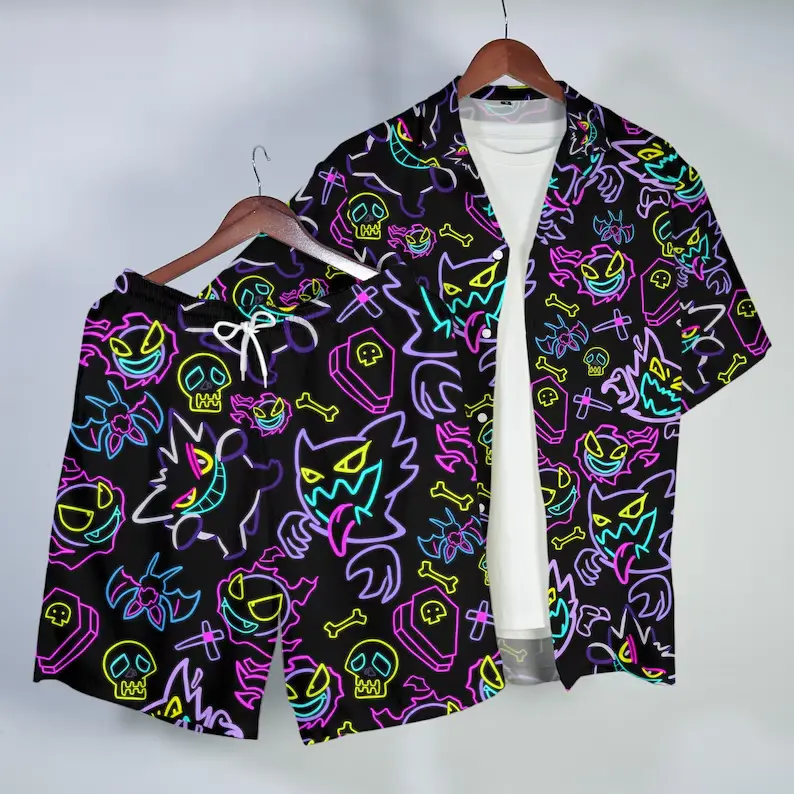 Gengar Hawaiian Shirt Tropical Button Up Shirt Summer Beach Short Neon Ghost Pattern Matching Set Unisex Outfit Gengar Shirt Gifts Xuan Tran Thi