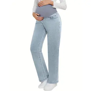 Women's Maternity Jeans, Straight, Loose Design, Abdomen, Pregnancy, Denim, Work Pants, Maternity Clothes, with Pockets No.151