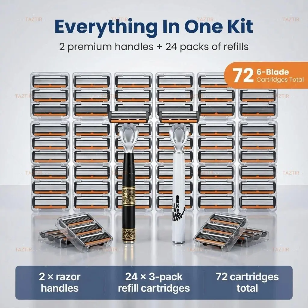 [72 Pcs Refillable】 Shaving Set, Traditional Razors, 72 RefillBlades + 2 Handles, 6 Layer Blade Disposable ShavingRazors, Stainless Steel Blades with Clear Safety Cap,Multipurpose Portable Razor for Bathing, Hotel, Travel DailyUse,Disposable refills