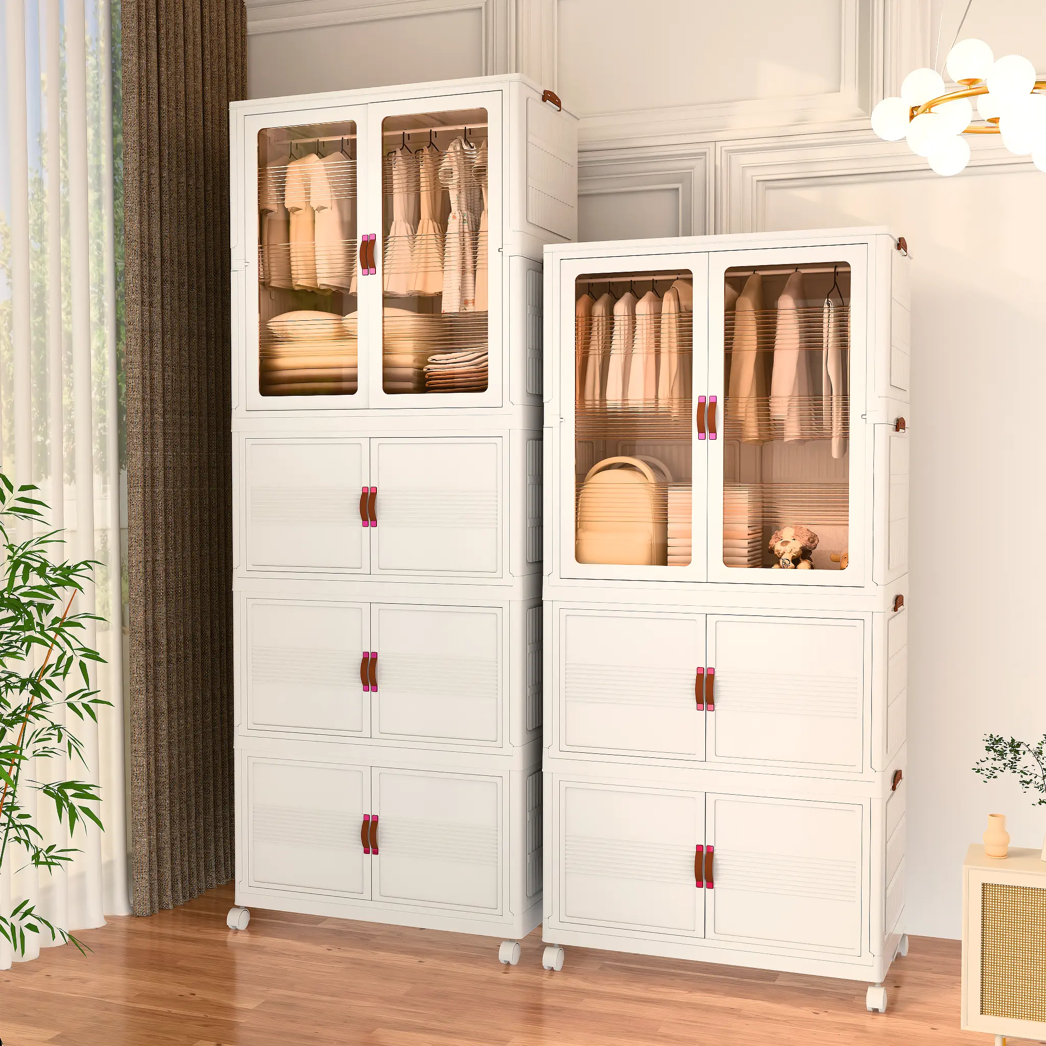 Space-Saving Foldable Plastic Wardrobe – Closet Organizer Storage Cabinet with Magnetic Doors & Lockable Wheels for Bedroom, Living Room, Kitchen & Dorm