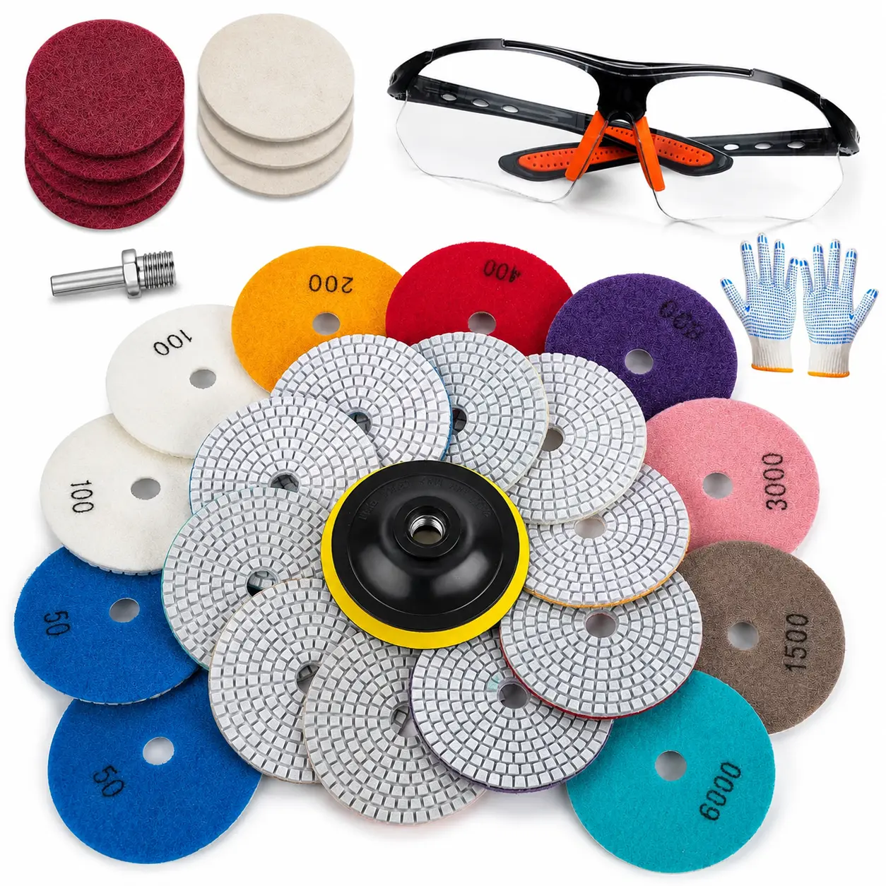 20 Pack 4 Inch Diamond Polishing Pads Kit, Wet/Dry Granite Marble Concrete Quartz Stone Polishing Pads with 5/8"-11 Backer Pad, 50-6000 Grit Pads, Wool Felt Pads, Gloves, Goggles