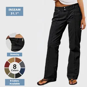 Flamingals Mid Rise Straight Leg Butt Hugging Pants Women's Stretchy Fabric Multicolor Flattering for All Body Types Versatile Everyday Wear Minimalist Brown Solid Seam Front Trouser