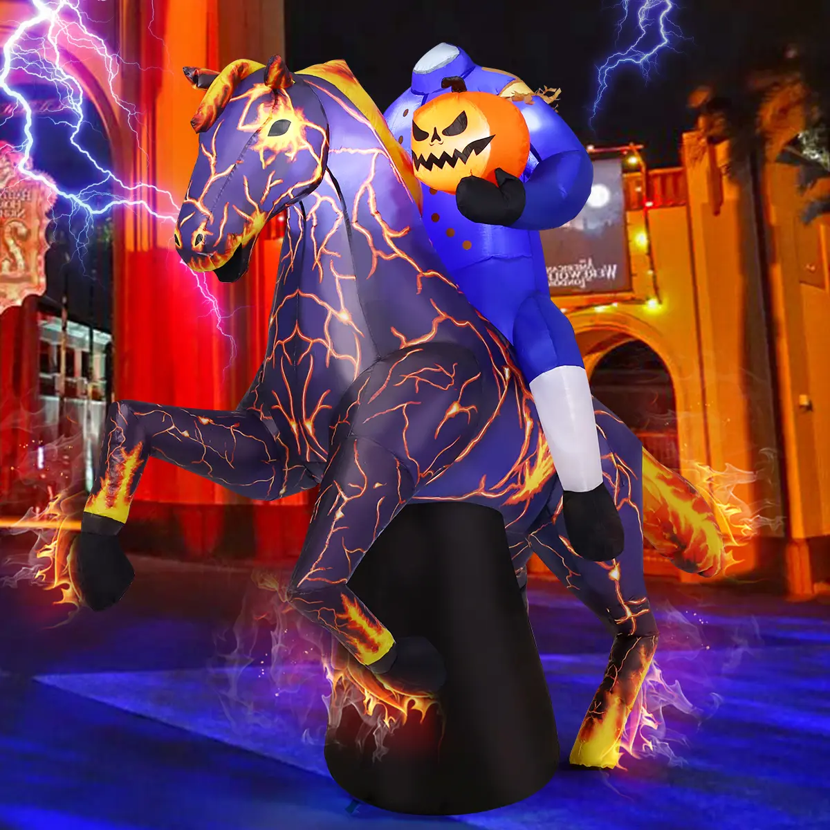 Halloween Inflatables Headless Horseman 6FT Long Outdoor Decorations Blow Up Lightning Horse Yard with Built-in LEDs for Indoor Party Garden Lawn Decor