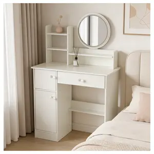 2-in-1 Vanity Desk with Round LED Mirror | Convertible to Home Office Desk | Removable Shelf & Crystal Style Knobs | Makeup Vanity Table with Storage Drawers for Bedroom