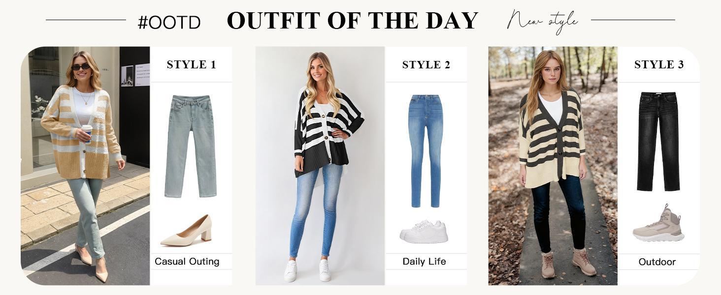 Imily Bela Womens Oversized Striped Cardigan Sweaters V Neck Fuzzy Knit Button Up Side Slit Fall Sweater Coats