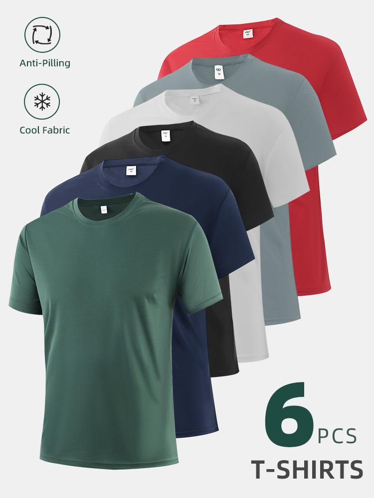 Men's Performance Tees 6-Pack Textured Breathable Athletic Fit Crew Neck Polyester Fabric Anti-Pilling Cool Fabric
