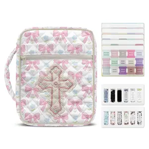 Quilted Bible Bag with Embroidered Cross & Pink Bow Print - Portable Bible Case with Handle + Bible Verse Bookmarks, Stylish Christian Gifts for Women Girls, Protect Your Bible for Church, Sunday School, Baptism & Birthday Gifts