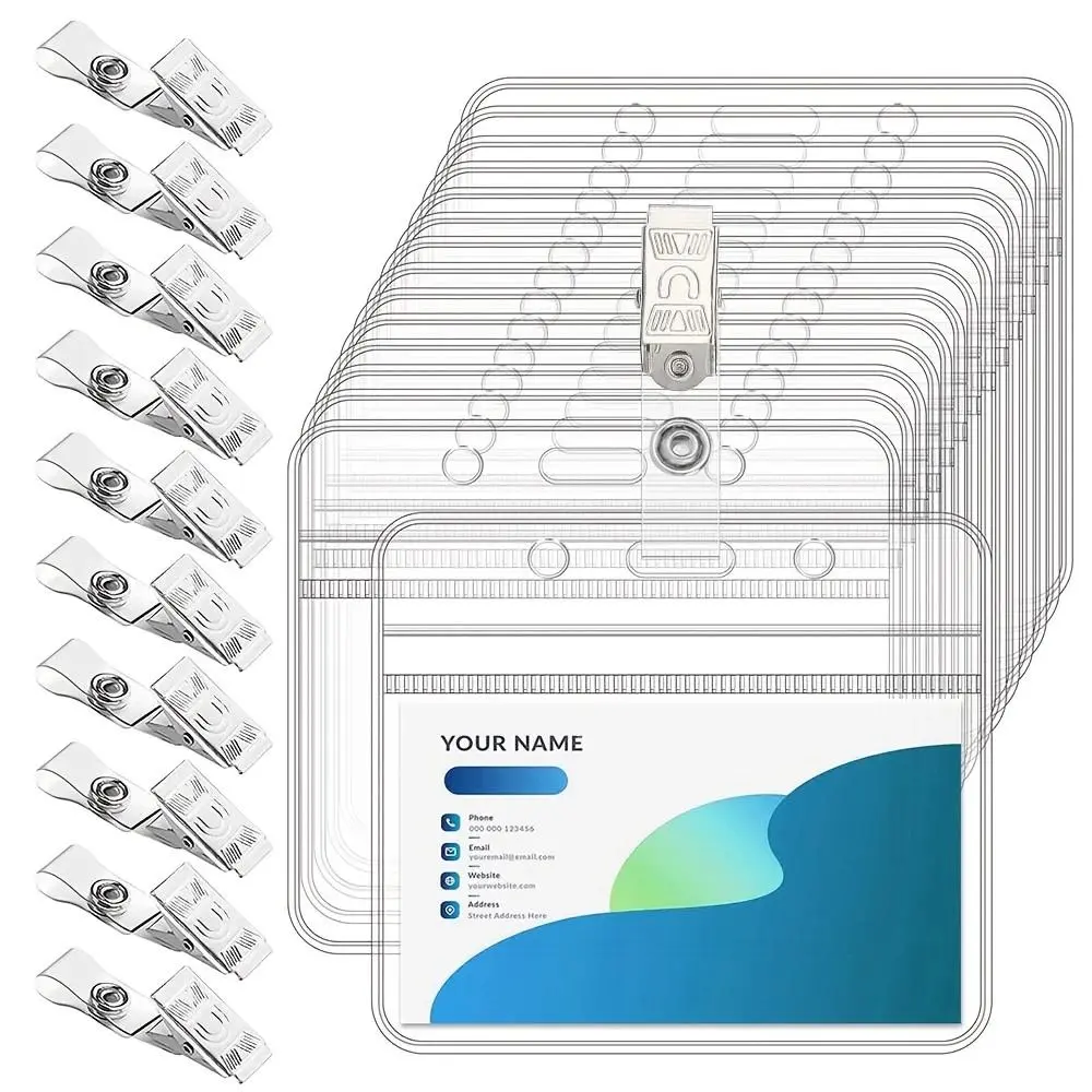10 Sets Transparent Horizontal ID Card Holders with Metal Clips, Waterproof Durable Name Tag Holders for Activities and Identity Verification, Badge Holder, Clear Id Badge Holder
