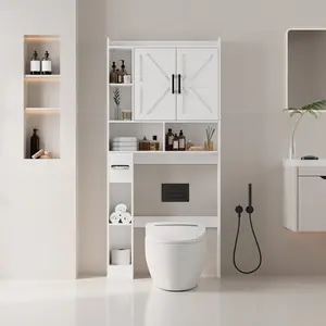 Rustic Wooden Over-the-Toilet Cabinet, Farmhouse Storage Solution with Double Barn Doors, Adjustable Shelves, Side Toilet Paper Storage & Open Shelving, Great for Small Bathrooms