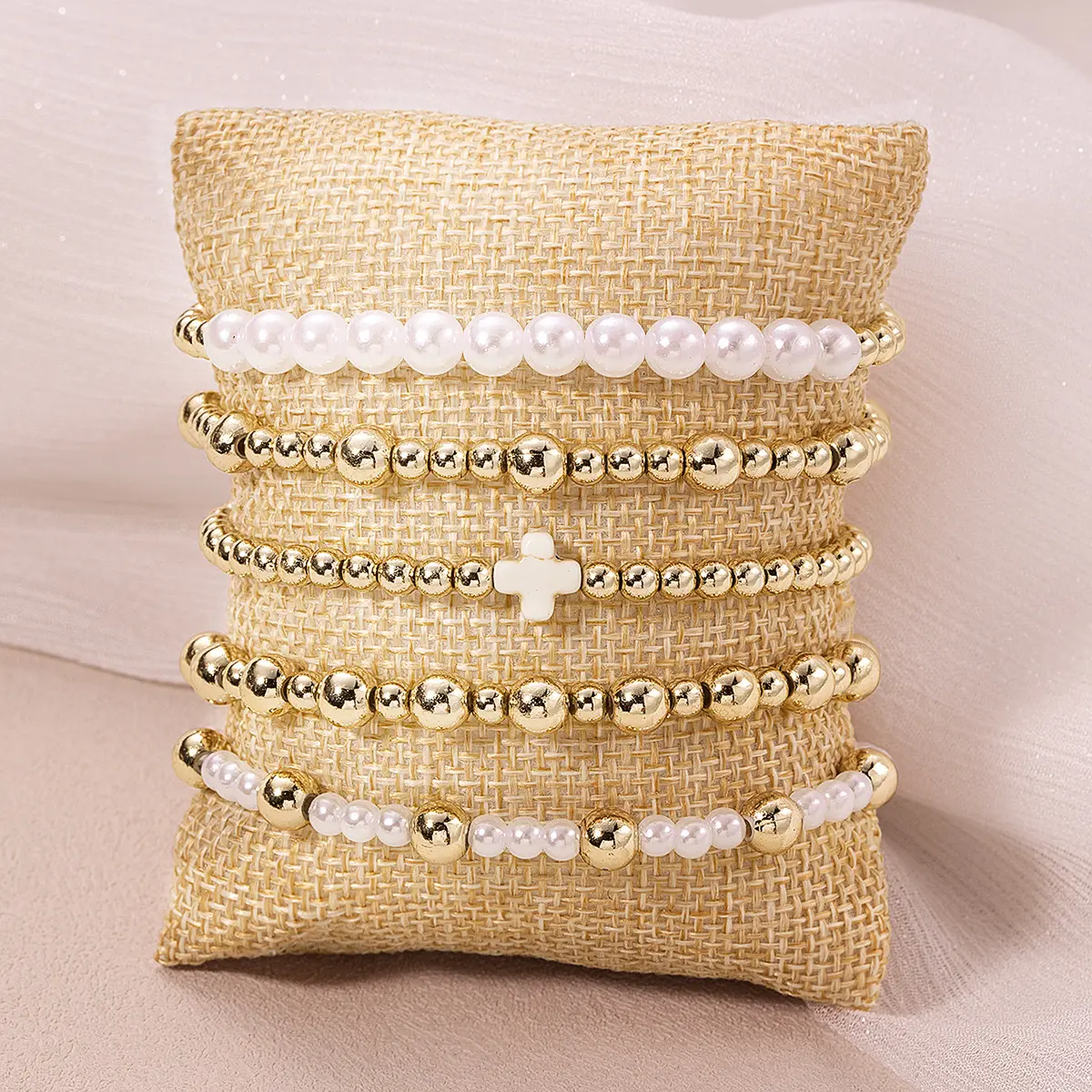 5PCS Women’s Stackable Bracelet Set, Gold Tone Beaded Stretch Bracelets with Faux Pearl and Cross Charm