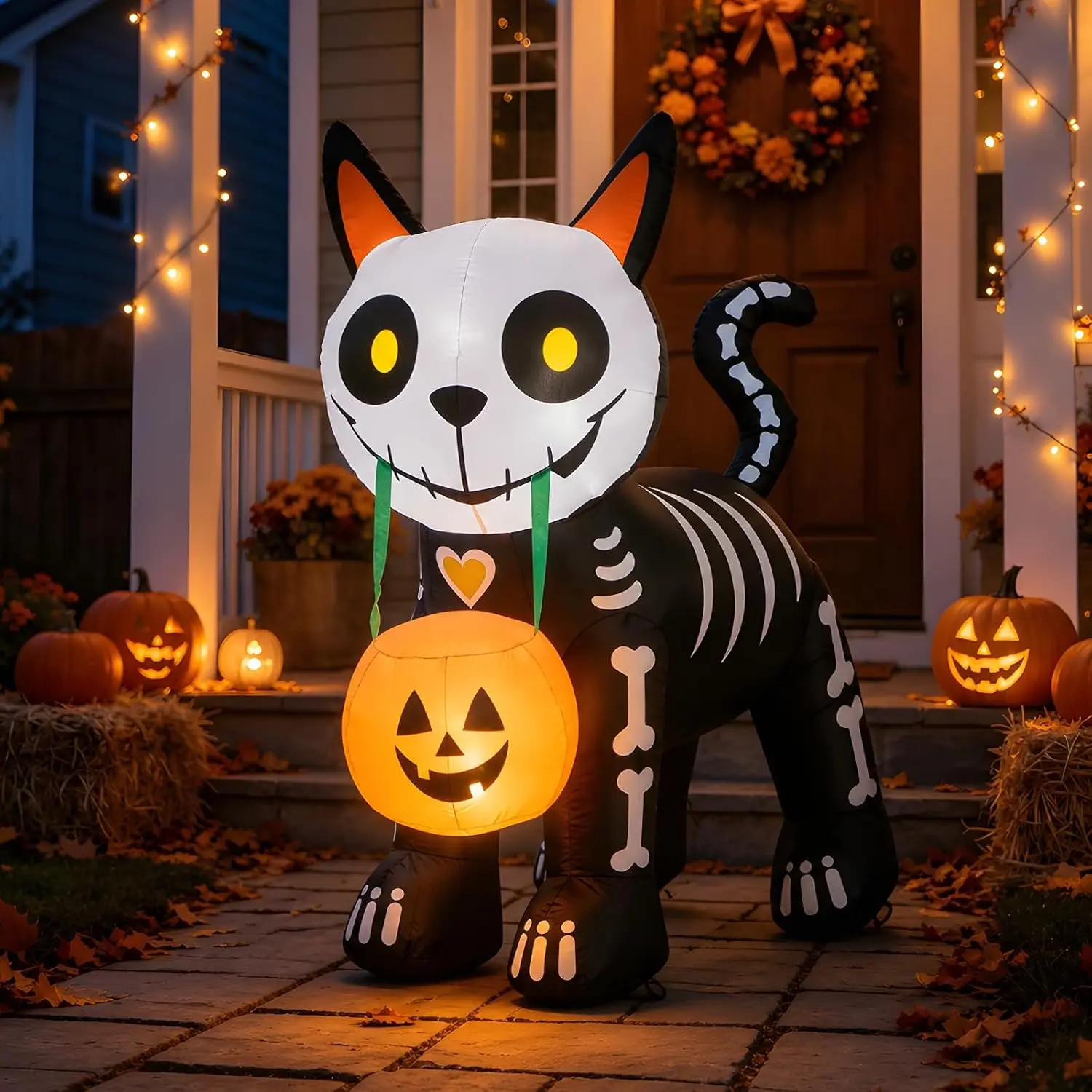 5ft Spooky Halloween Inflatable Skeleton Black Cat Decoration - with Pumpkin, Built-in Lights, Blow Up Ornament for Porch, Lawn