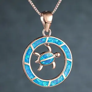 Blue Opal Sea Turtle Circle Rose Gold Necklace Gold Plated Amulet Hypoallergenic Jewelry