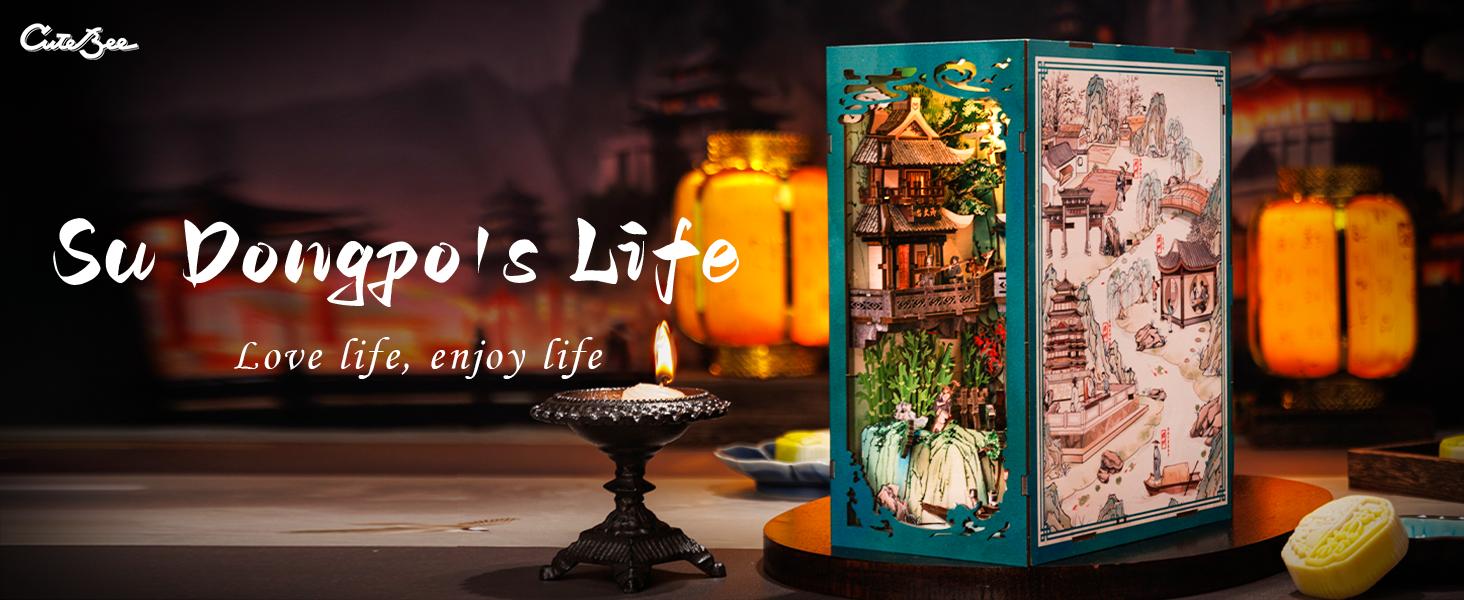 CUTEBEE DIY 3D Book Nook Kit Su Dongpo’s Life – Wooden Miniature House with LED Light, Handmade Ancient Chinese Landscape Decor | Holiday, Christmas and Black Friday Gift