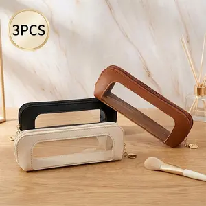 3 Pack Small Clear Makeup Bag for Purse, Leather Cosmetic Organizer with Zipper, Portable Travel Toiletry Pouch, Aesthetic Brush & Lipstick Case
