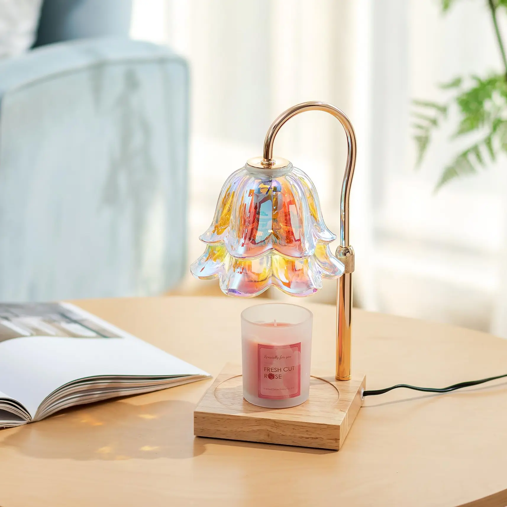 Candle Warmer Lamp with Timer: Iridescent Flower Candle Warming Lamp with 2 Bulbs Height Adjustable Wax Warmer Dimmable Home Decor Mom Birthday Gift for Women