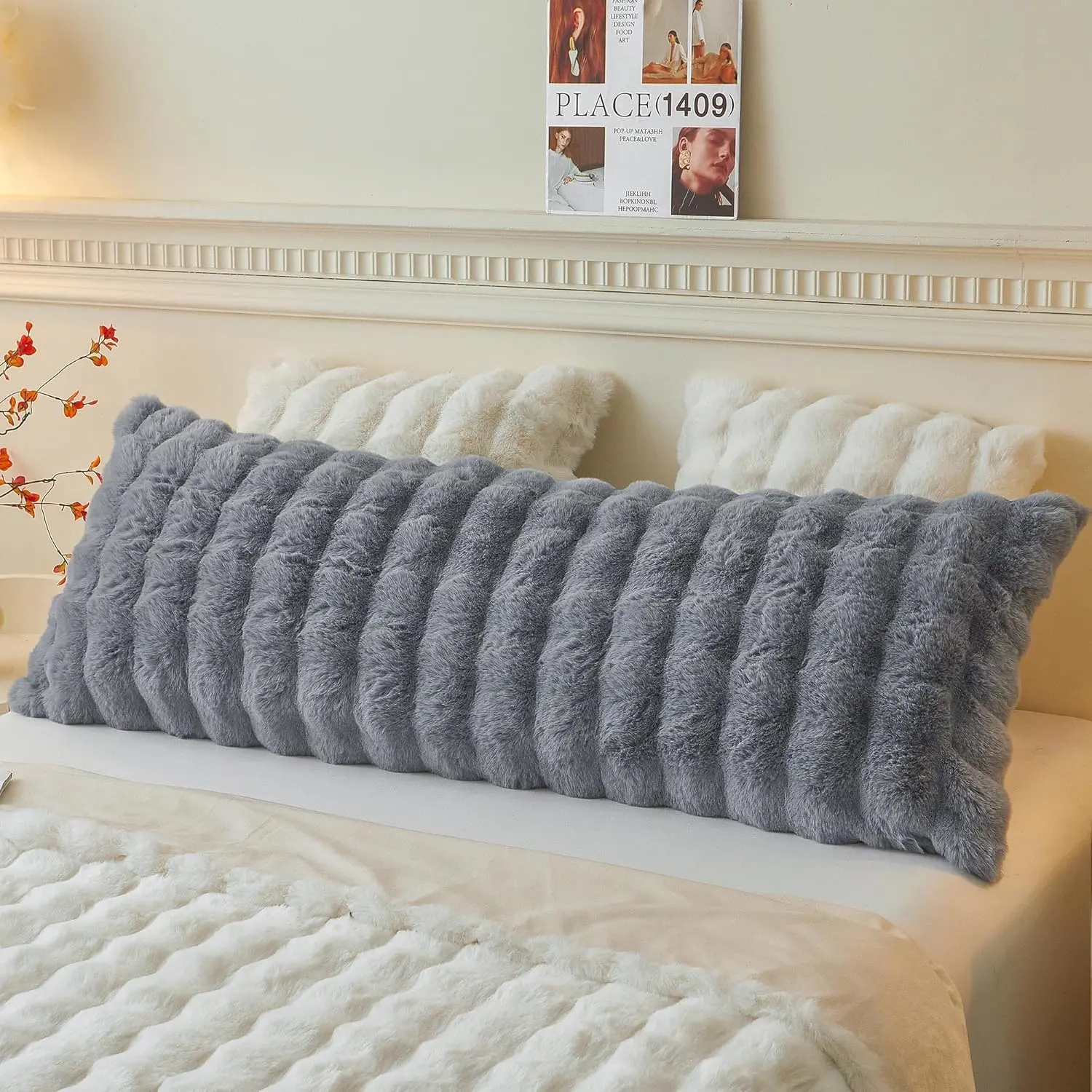 Fuzzy Synthetic Long Rectangular Pillow Cover, Soft Cute Bubble Shaggy Plush Zippered Pillowcase, 20"x54" Home Bedding Accessory for Side Sleepers, Light Grey