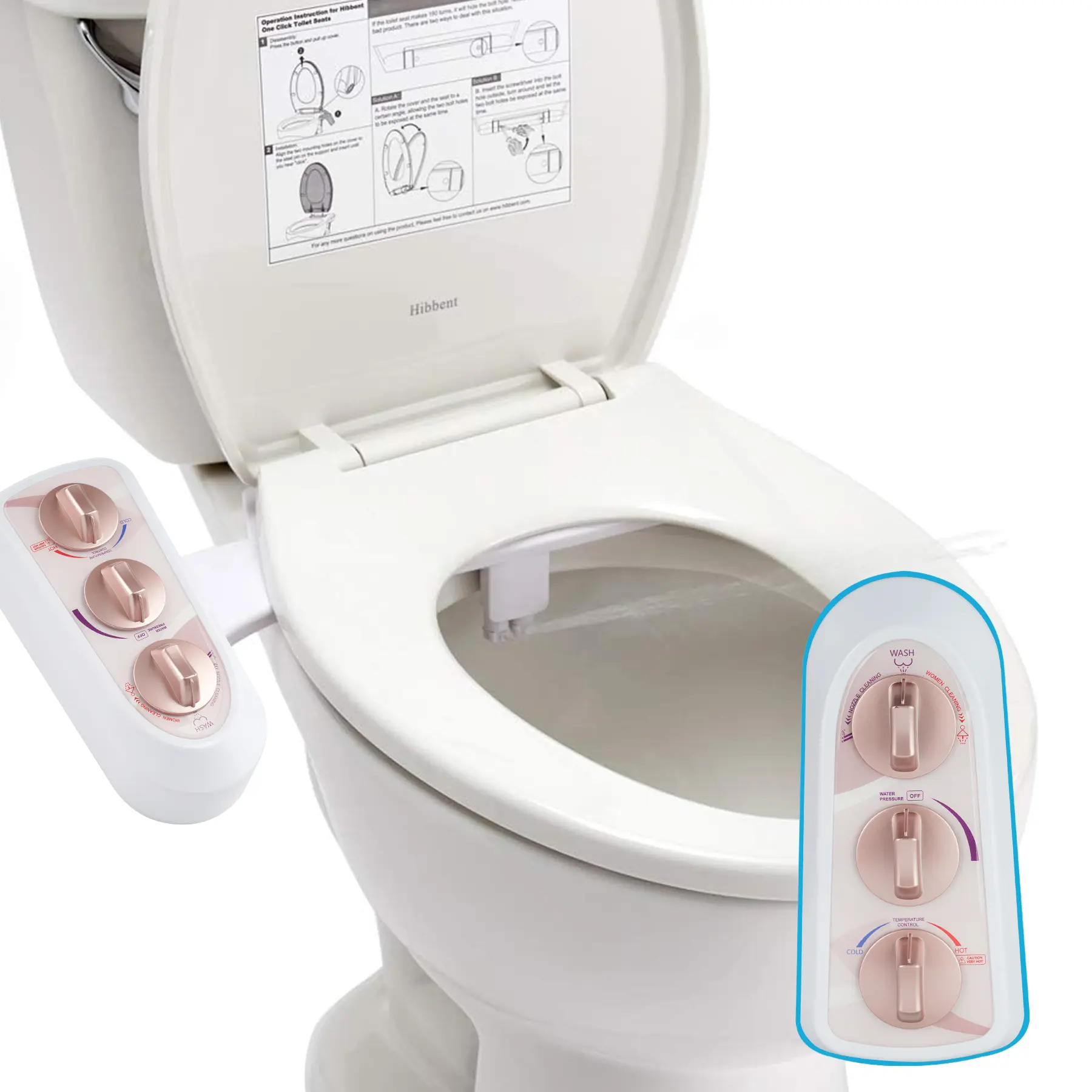 Hibbent Toilet Bidet Attachment, Non-Electric Mechanical Bathroom Bidet Sprayer with Self-Cleaning Dual Nozzle, Hot & Cold Water for Rear/Female Washing Sanitizing, Modern Design, Rose Gold, Modern Bidet Sprayer