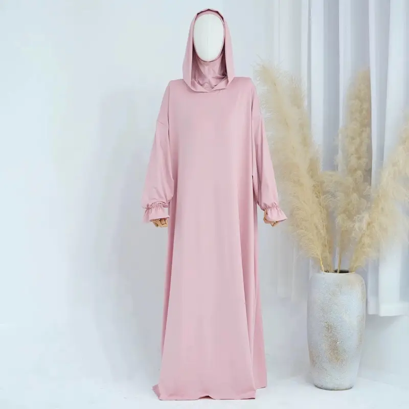 Stretch Fabric Hoody Abaya Dress Hijab Prayer Dress in Soft Pink for Comfortable Wear with Hood and Long Sleeves