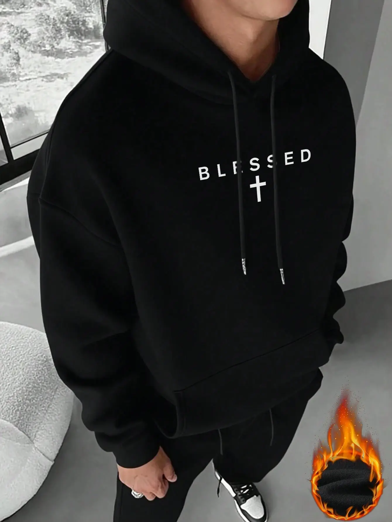 Unisex Minimalist Blessed Cross Faith Hoodie - Long Sleeve Natural Fabric Men's Tops, Casual Oversized Christian Sweatshirt, Layer
