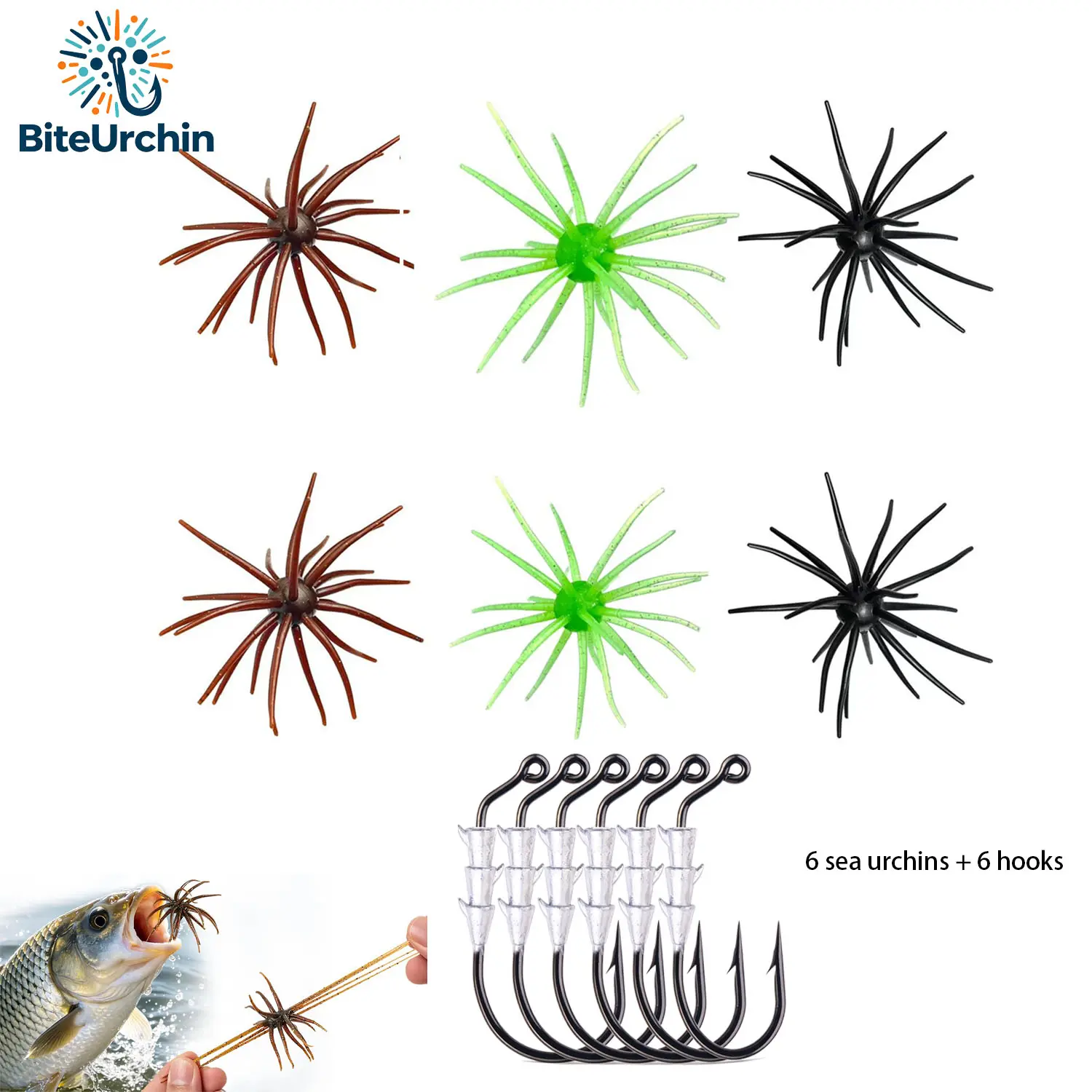 4.3in Biomimetic Sea Urchin Shape Fishing Lure Kit - 6 Soft Tentacle Bodies + 6 Jig Hooks Fishing Accessories for DIY Spiky Bait, Drop Shot Rig, Freshwater/Saltwater Fishing with Lifelike Motion