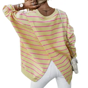 Asvivid Women's Fall Clothing Trendy Striped Stylish Overlap Detail Casual Drop Shoulder Pullover Sweatshirt Round Neckline Tops