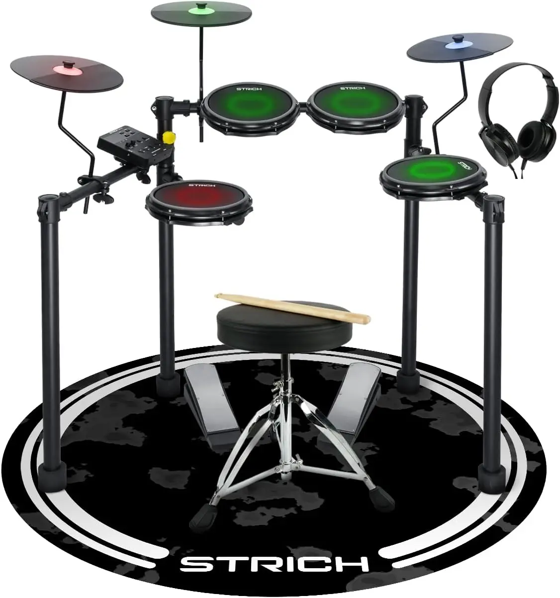 Electric Drum Set with Mesh Heads, LED Light-Up Drum Pads, USB MIDI, Quiet Foldable Electronic Drum Kit with Throne, Headphones & Drum Mat for Beginners and Home Practic, SED-T03