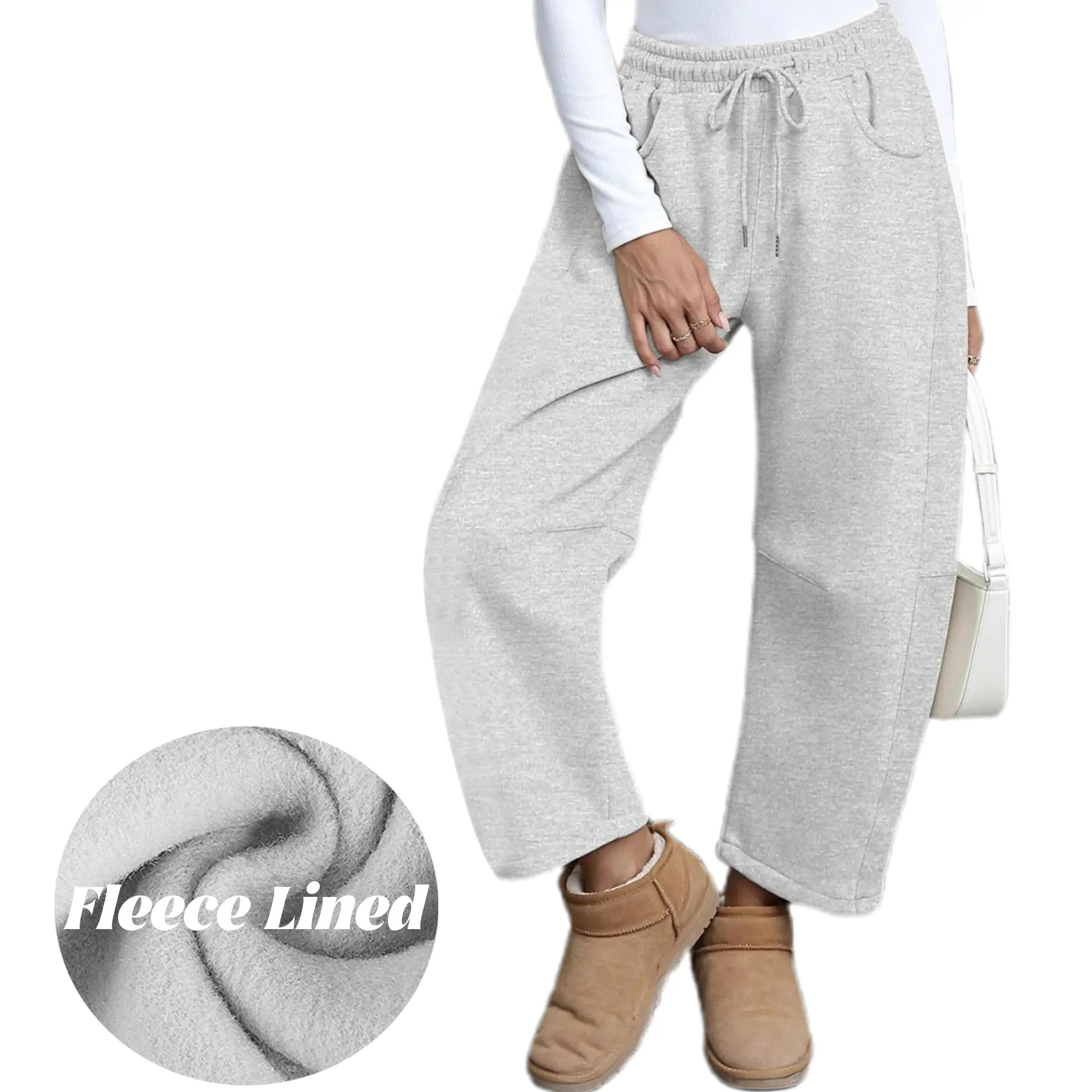 Buenoble Women's Fleece Barrel Leg Sweatpant Winter Warm Wide Leg Drawstring Elastic Waisted Casual Lounge Athletic Pants with Pockets