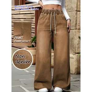 New women's high waisted loose denim jeans, fashionable wide leg elastic waistband casual pants, versatile and fashionable, suitable for daily wear