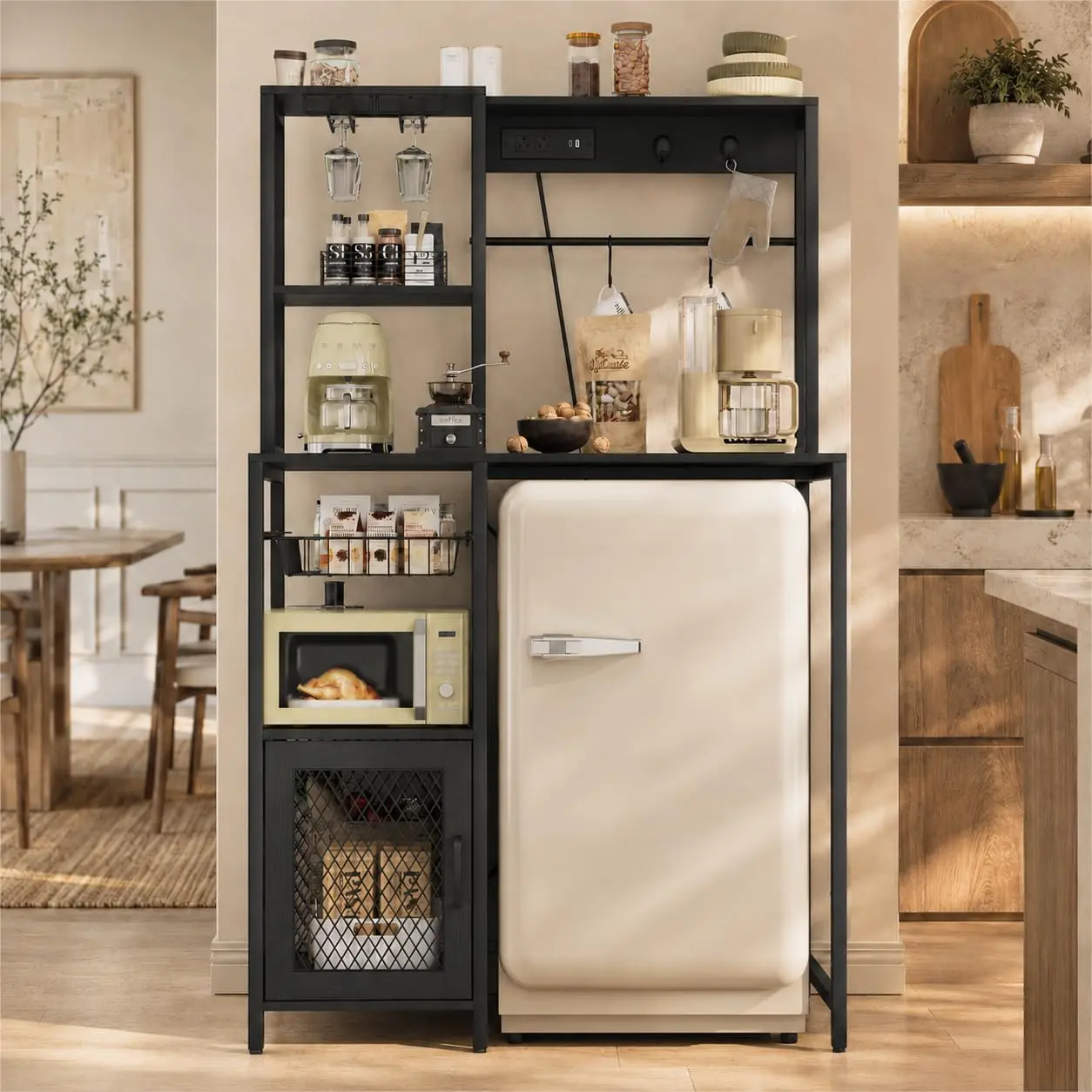 Industrial Kitchen Baker's Rack - Single Unit with Refrigerator Storage, Power Outlet, Pantry Storage Cabinet with Door, Sturdy Steel & MDF Construction, Widened Base, Freestanding Shelf (33.9x19.7x58.1in), Industrial Look