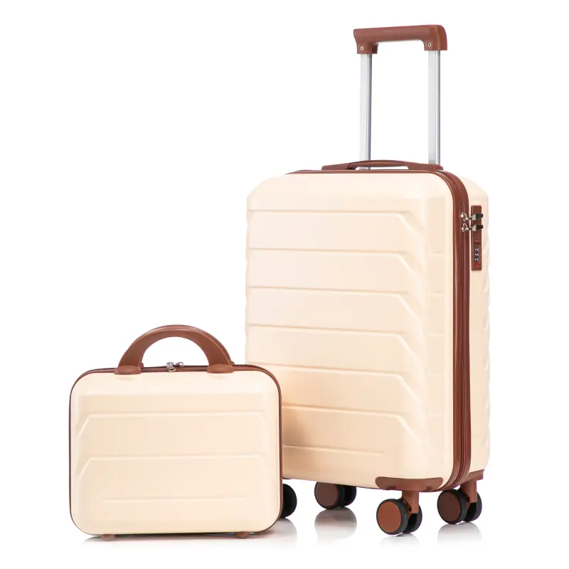 Beige Modern Striped 2-Piece Sturdy ABS Hardshell Luggage Set - 20" Carry On, 14" Cosmetic Case, 4-Wheel 360° Quiet Spin, Waterproof, 7.05 lbs Traveling Bags, Lightweight, Secure Buckle Hold, Anti-Theft Buckle, 14.4" L x 9.1" W x 22.2" H