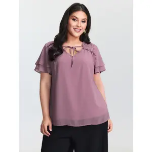 【Summer Turn-Up】【Neck-Lengthening】BlOOMCHIC Plus Size Ruffled Detail Neck Tie Layered Sleeve Blouse [M-6X] 2026 Spotlight,Summer wins,Deals for you days Fit Womenswear