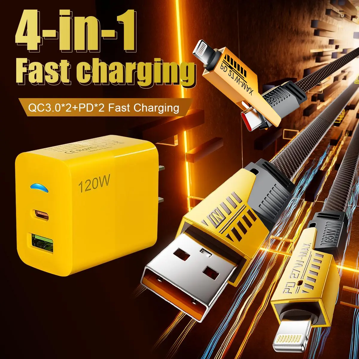 1-Pack Portable Fast Charger, Type C/USB A Dual Ports Adapter,4 in 1 Fast Charging Cable & Data Sync, 5FT Flat Braided Charger Cord for iPhone 17/16/15/14/13/12Pro Max/iPad/Airpods/Samsung #Back To School