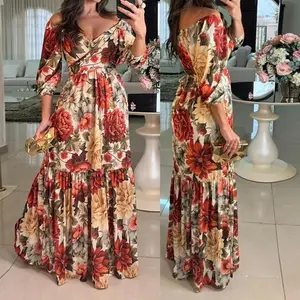 Lantern Sleeve Extra Long Dress Bohemian Style Floral Embroidery V-Neck Long A-Line Dress Vintage Casual Vacation Beach Dress