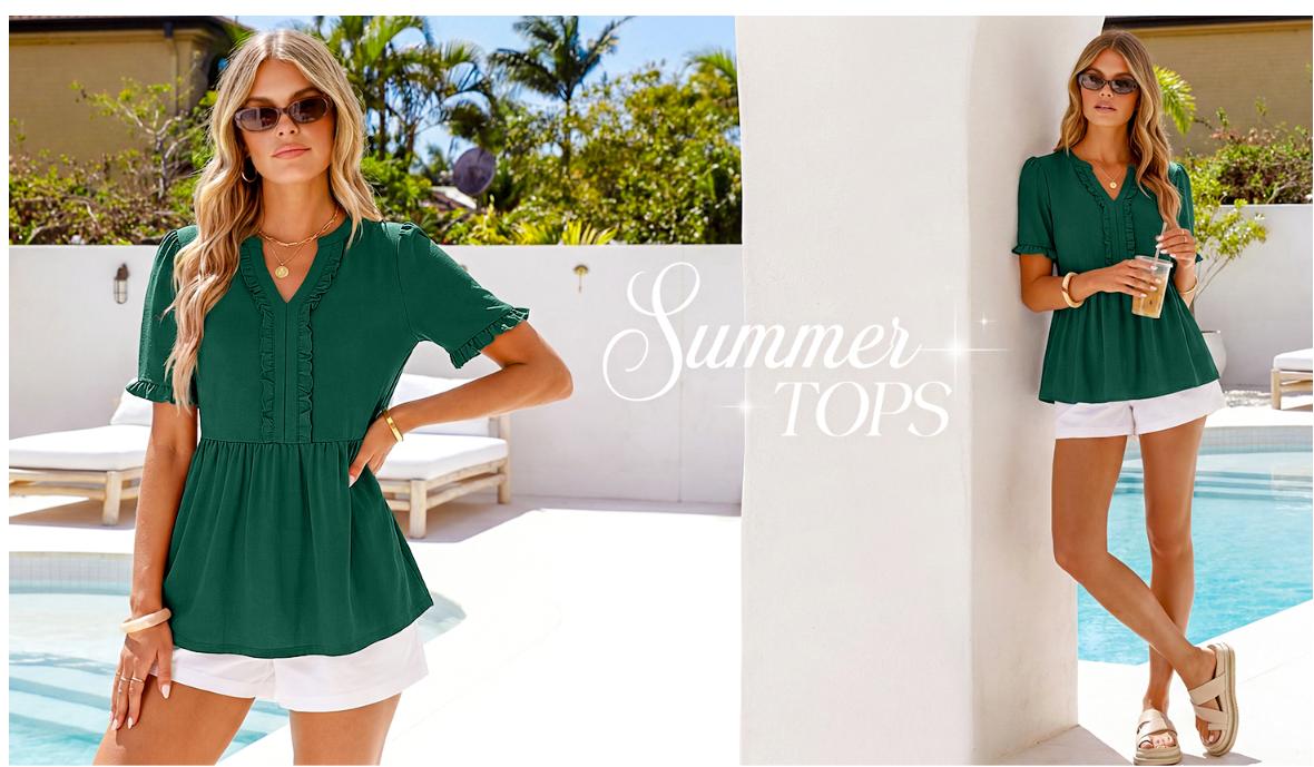 MEROKEETY Women's Summer Babydoll Tops 2026 Ruffle Short Sleeve V Neck T Shirts Casual Loose Peplum Tunic Blouse