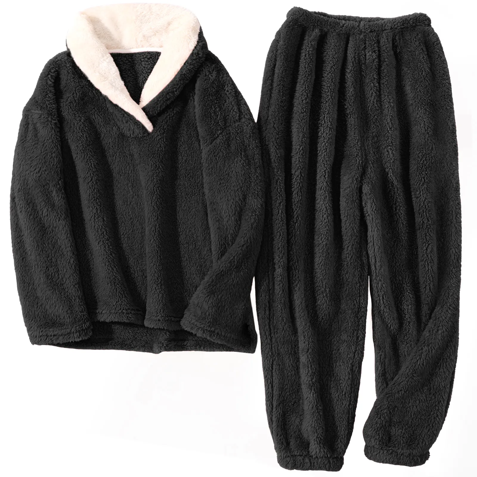 Womens Pajamas Warm Fleece Pajamas Set Pullover Pants Loose Loungewear Sherpa Hoodie Sleepwear Winter Clothes Check Womenswear
