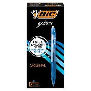 BIC Gelocity Original Blue Gel Pens, Medium Point (0.7mm), 12-Count Pack, Retractable Gel Pens with Comfortable Grip