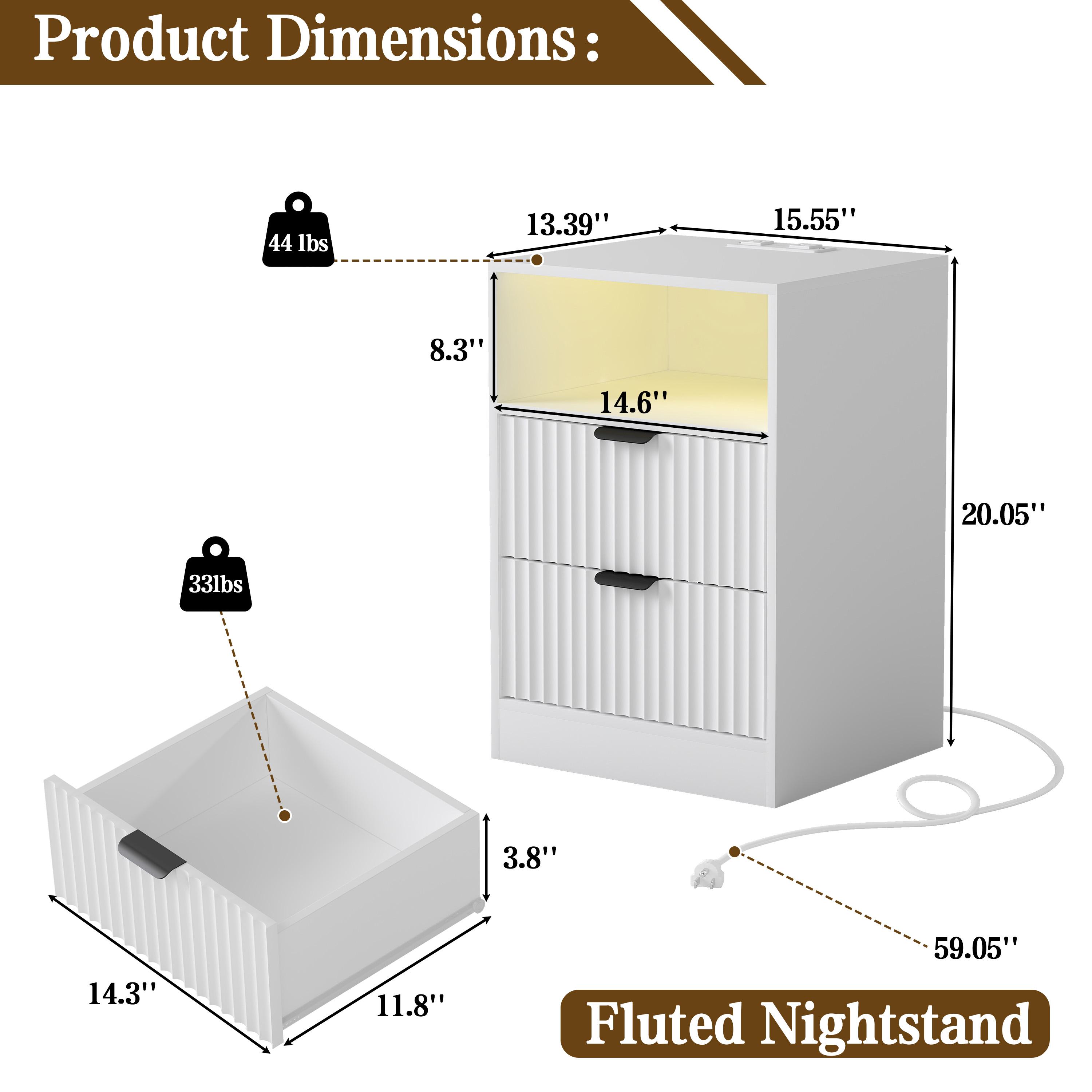 Night Stand Set 2, LED Nightstand with Charging Station,Wood Side Table,Fluted NightStands with 2 Drawers, End & Bedside Tables for Bedroom Sofa Office,Natural Oak