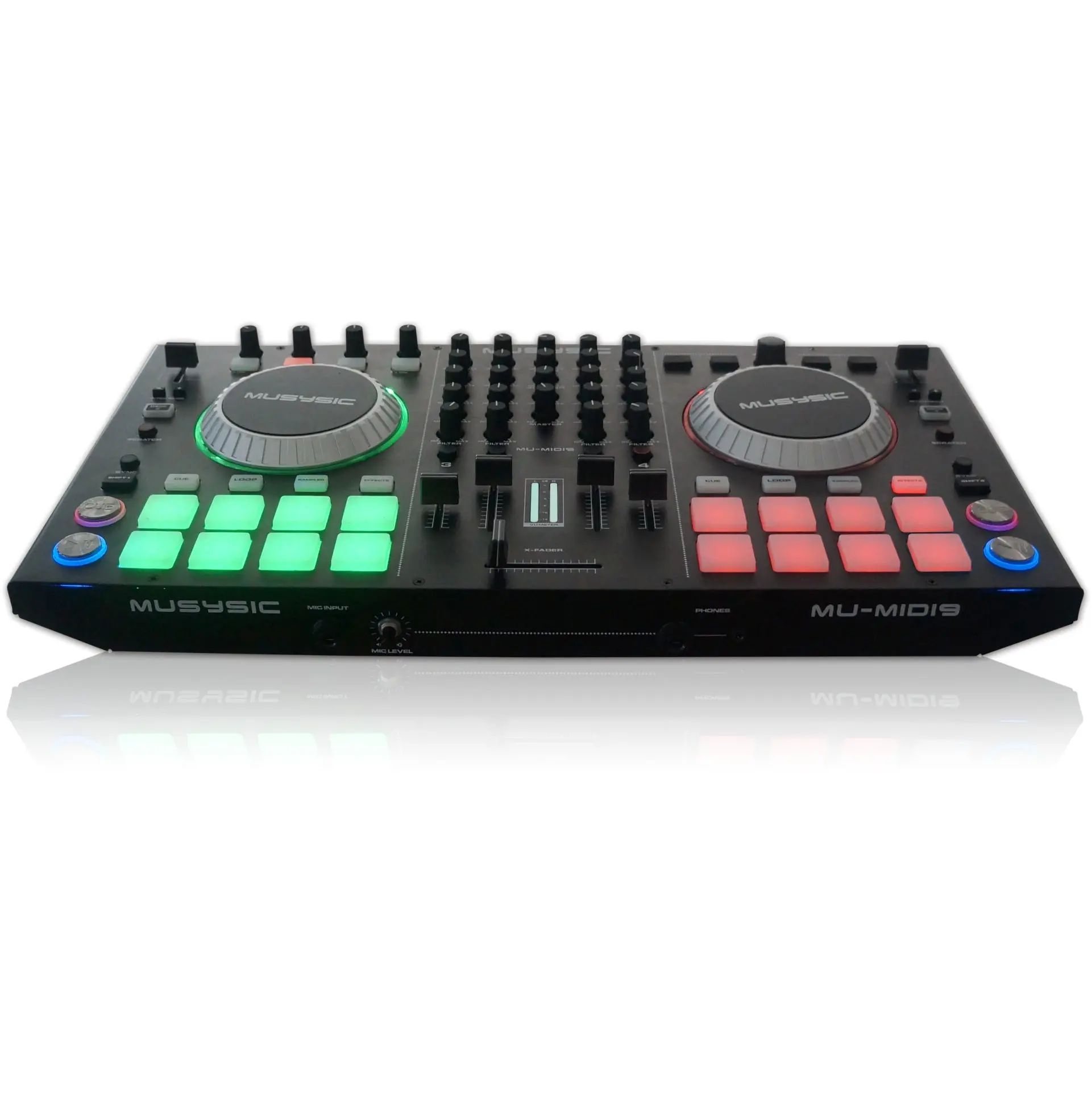 MUSYSIC MU‑MIDI9 4‑Channel DJ Performance Controller – USB Audio Interface, VirtualDJ Compatible, FX Pads, Scratch Jog Wheels