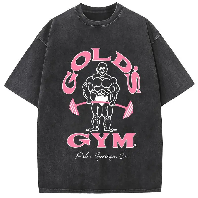Oversize Acid Wash GOLD'S GYM T-Shirt, Heavyweight Cotton Streetwear graphic tees Menswear Crewneck Tshirt