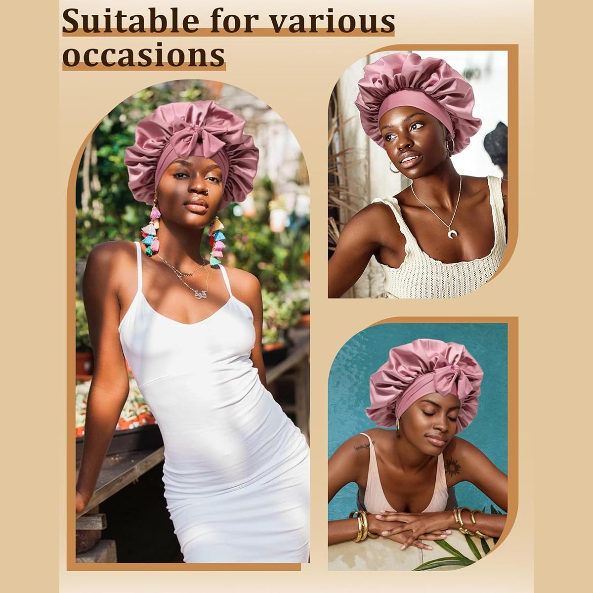 Large Double Layer Solid Satin Bonnets Silk Like Texture for Sleeping Cap with Elastic Band Reversible for Curly Hair Bonnets Gifts for Women Large Double Layer Solid Satin Bonnets Silk Like Texture for Sleeping Cap with Elastic Band Reversible for Curly Hair Bonnets Gifts for Women