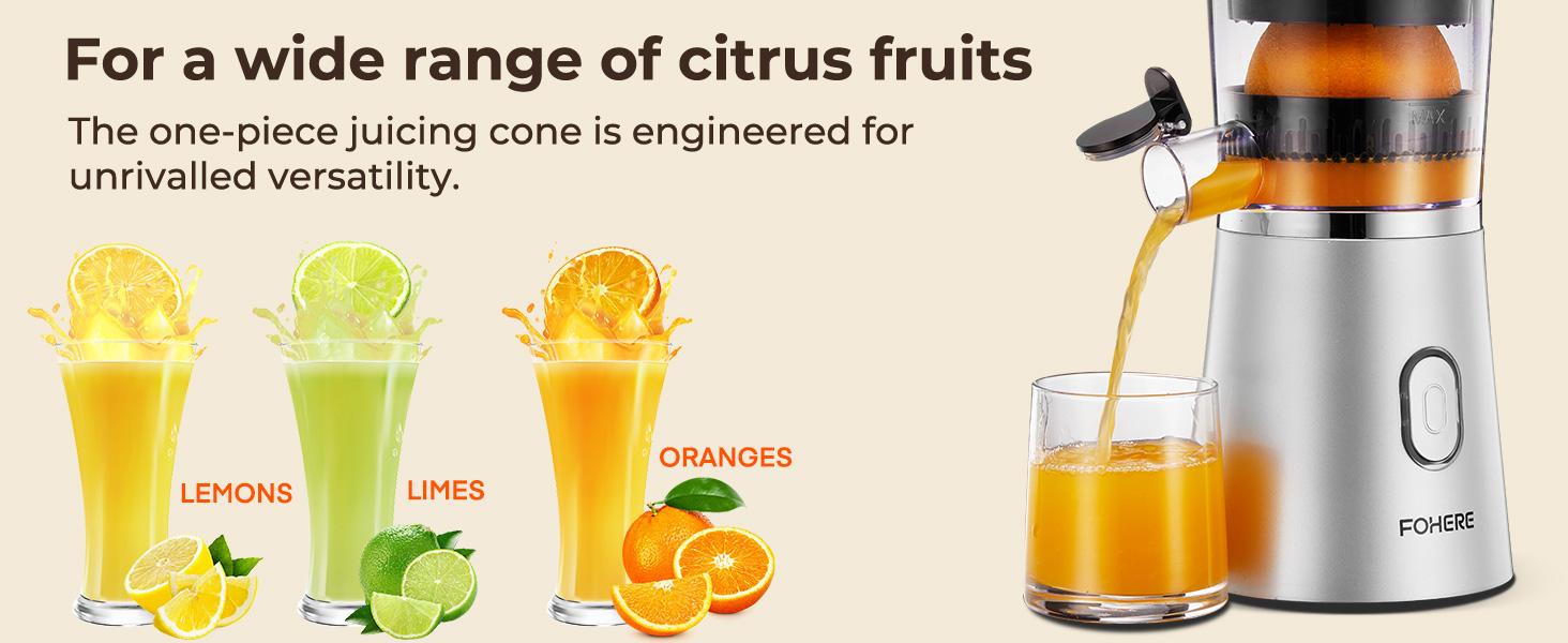 FOHERE Electric Citrus Juicer Squeezer, Automatic Orange Juicer with Power Cord, One Touch Operation, Portable Juicer Suitable for Lemon, Citrus Fruit, Easy to Clean, Silver