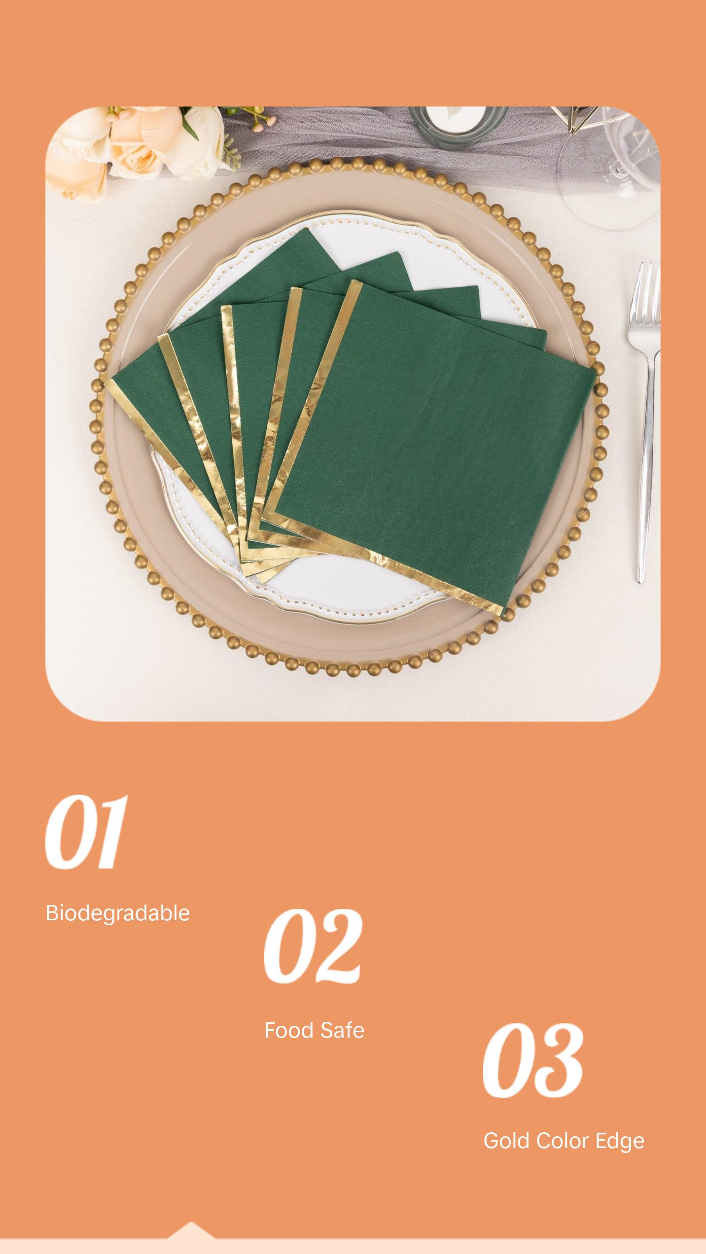 50 Pack 2 Ply Soft Hunter Emerald Green With Gold Foil Edge Dinner Paper Napkins, Wedding Cocktail Beverage Napkins