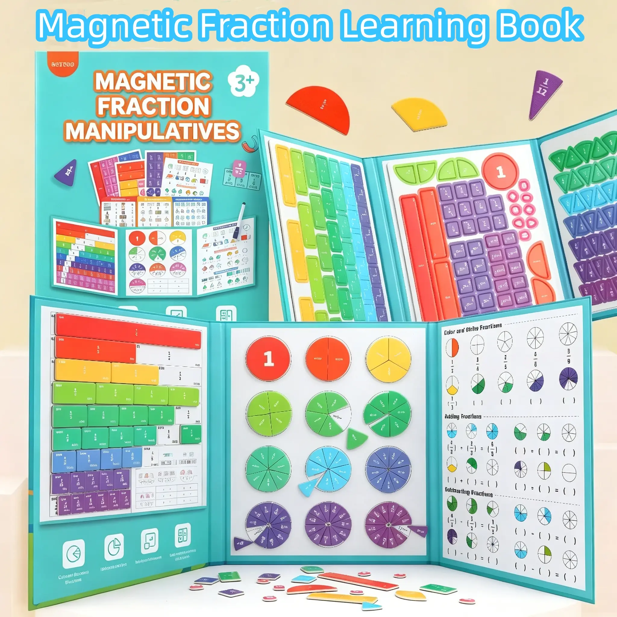 Magnetic Math Fraction Book, School Learning Tool, Block Graphs + Pie Charts + Erasable Equations, Hands-On Educational Material