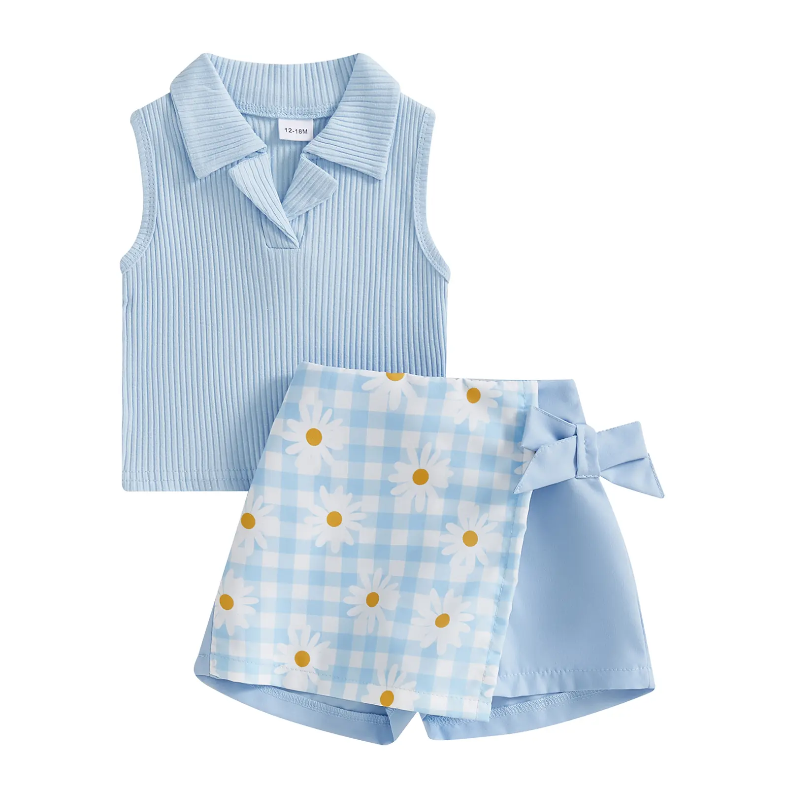 Toddler Baby Girl 2-Piece Cowgirl Clothing Set - Ribbed Sleeveless Lapel Collar Polo Tank Top, Daisy Floral Plaid Bow Wrap Skort Shorts #Summervibes